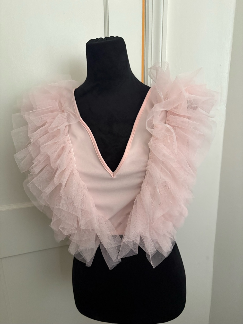SHEIN Blush Pink Ruffled Tulle V-Neck Crop Camisole